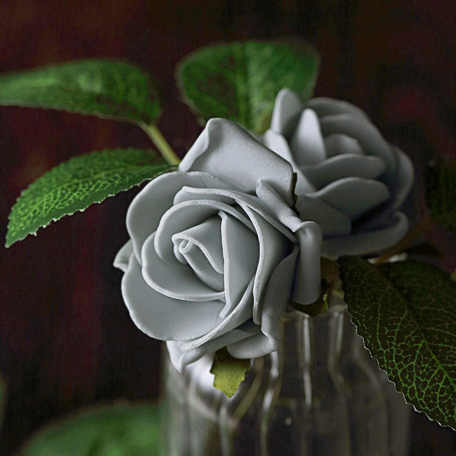 24 Roses Silver Artificial Foam Flowers With Stem Wire and Leaves 2