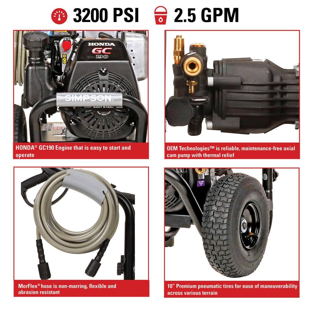 SIMPSON MegaShot 3200 PSI 2.5 GPM Gas Cold Water Pressure Washer with HONDA GC190 Engine (49-State) MSH3125-S