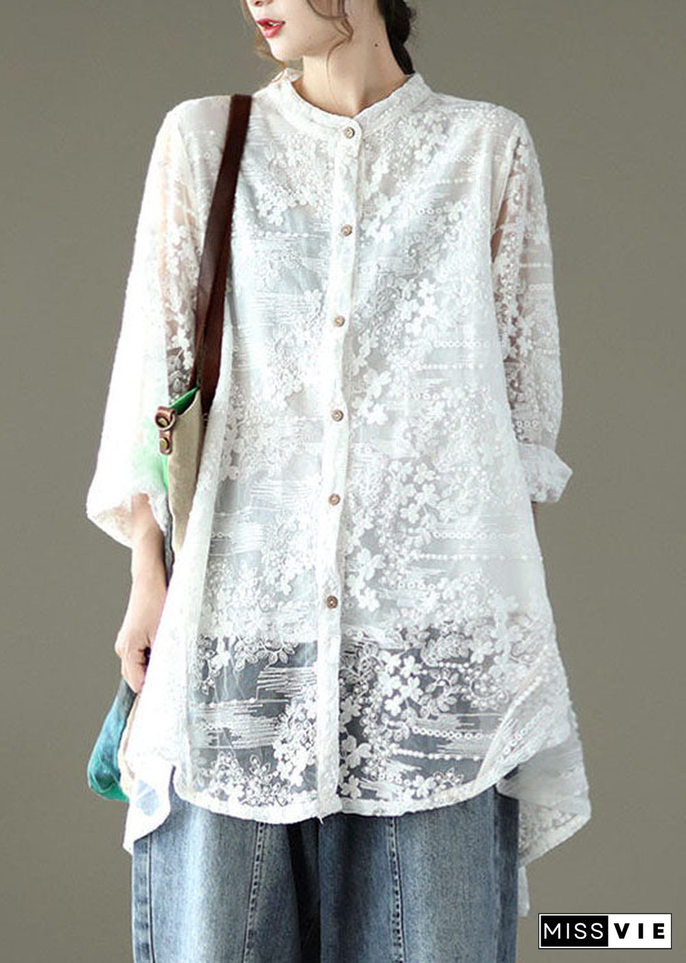 Loose White Hollow Out Lace UPF 50+ Shirts Long Sleeve