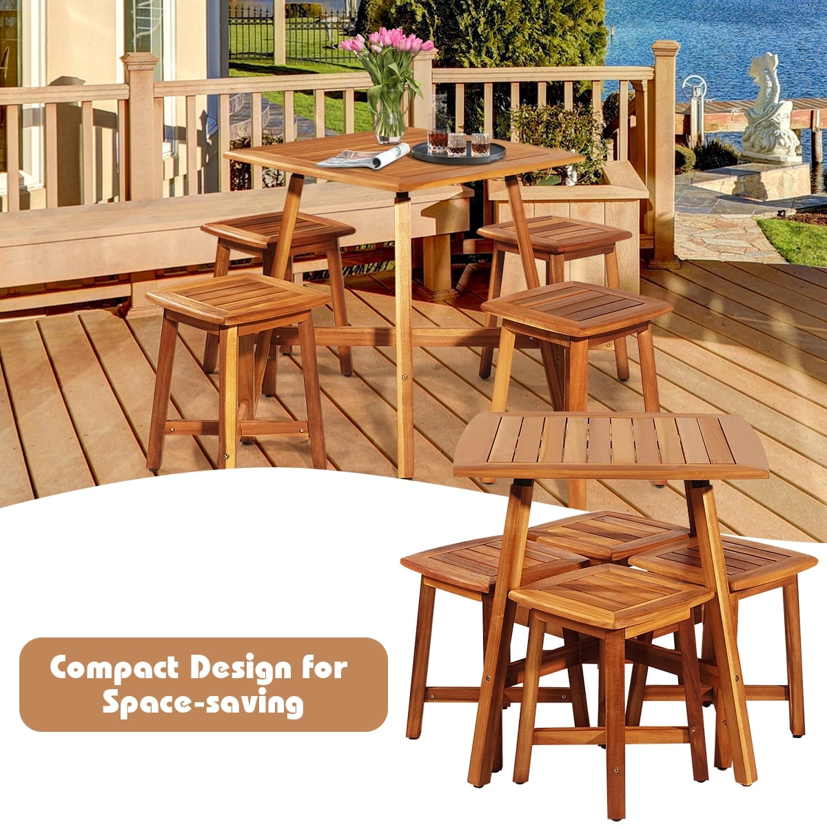 5 Pcs Acacia Wood Patio Dining Set with Square Table & 4 Stools, Outdoor Conversation Bistro Set