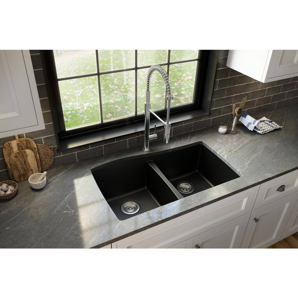 Karran Undermount Quartz Composite 33 in. 5050 Double Bowl Kitchen Sink in Black QU-720-BL