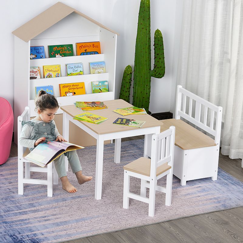 Qaba 4 Piece Kids Table Set with 2 Wooden Chairs 1 Storage Bench and Interesting Modern Design Natural/White