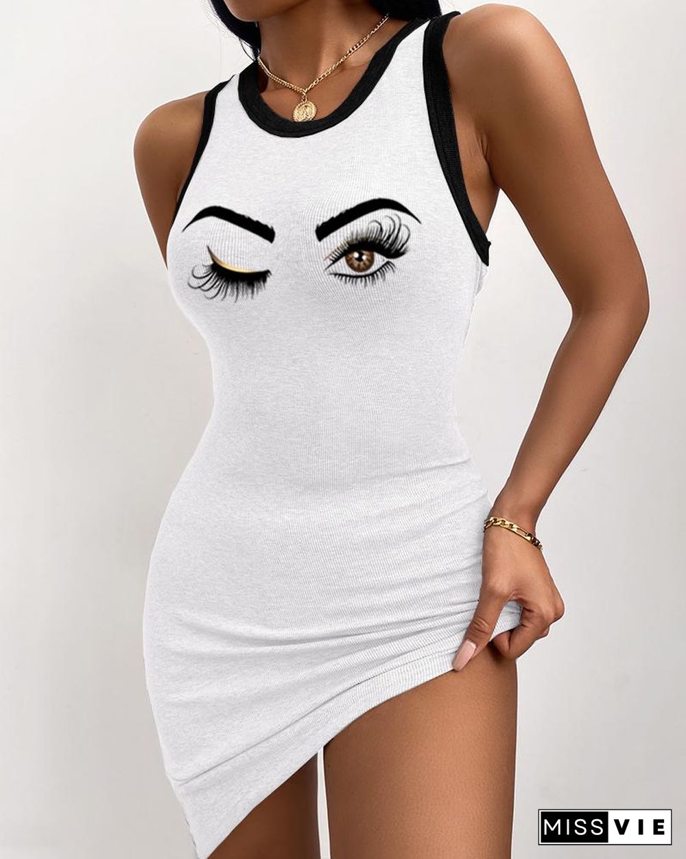 Eye Print Round Neck Ribbed Tank Dress