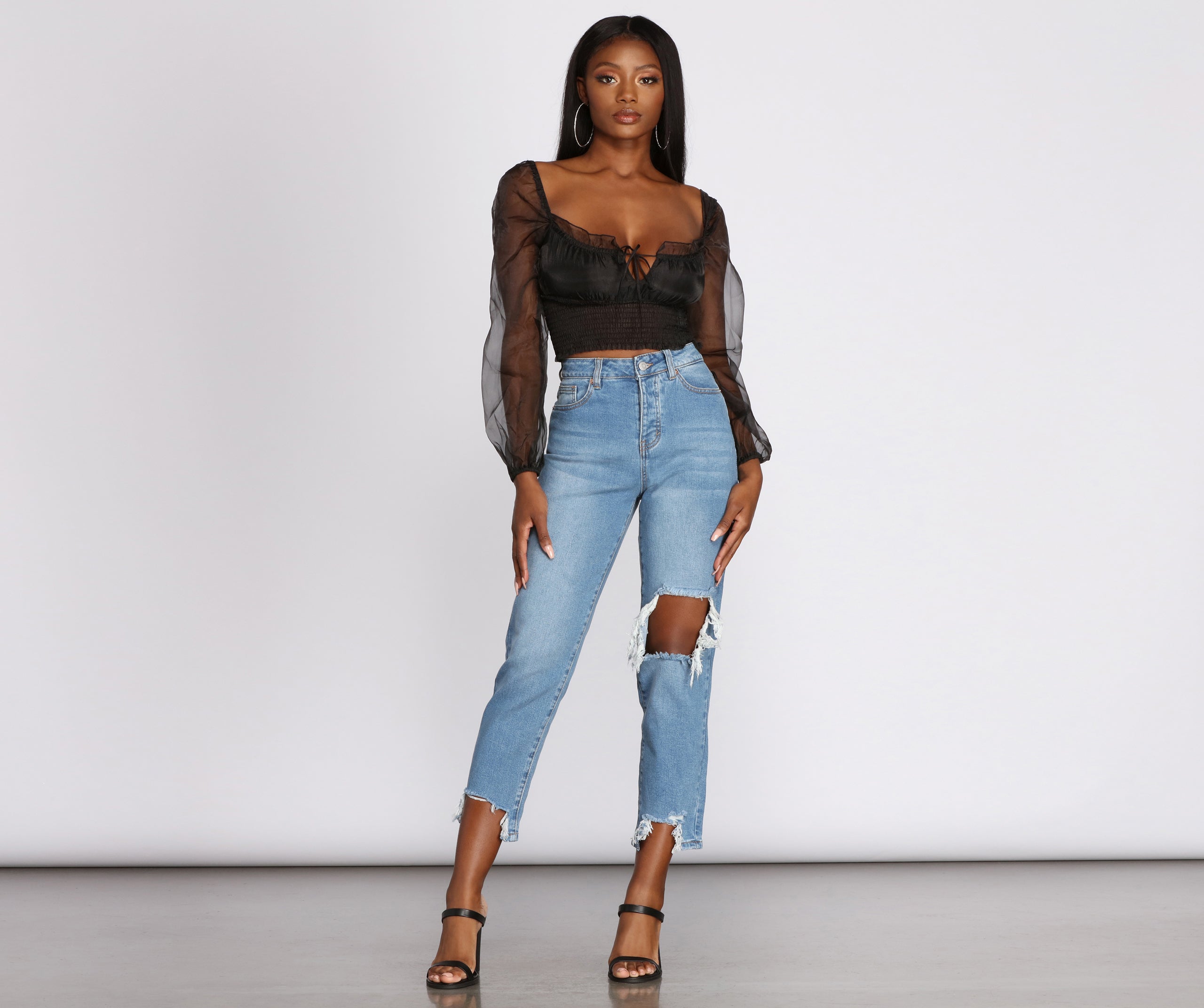 High Rise Destructed Straight Leg Jeans