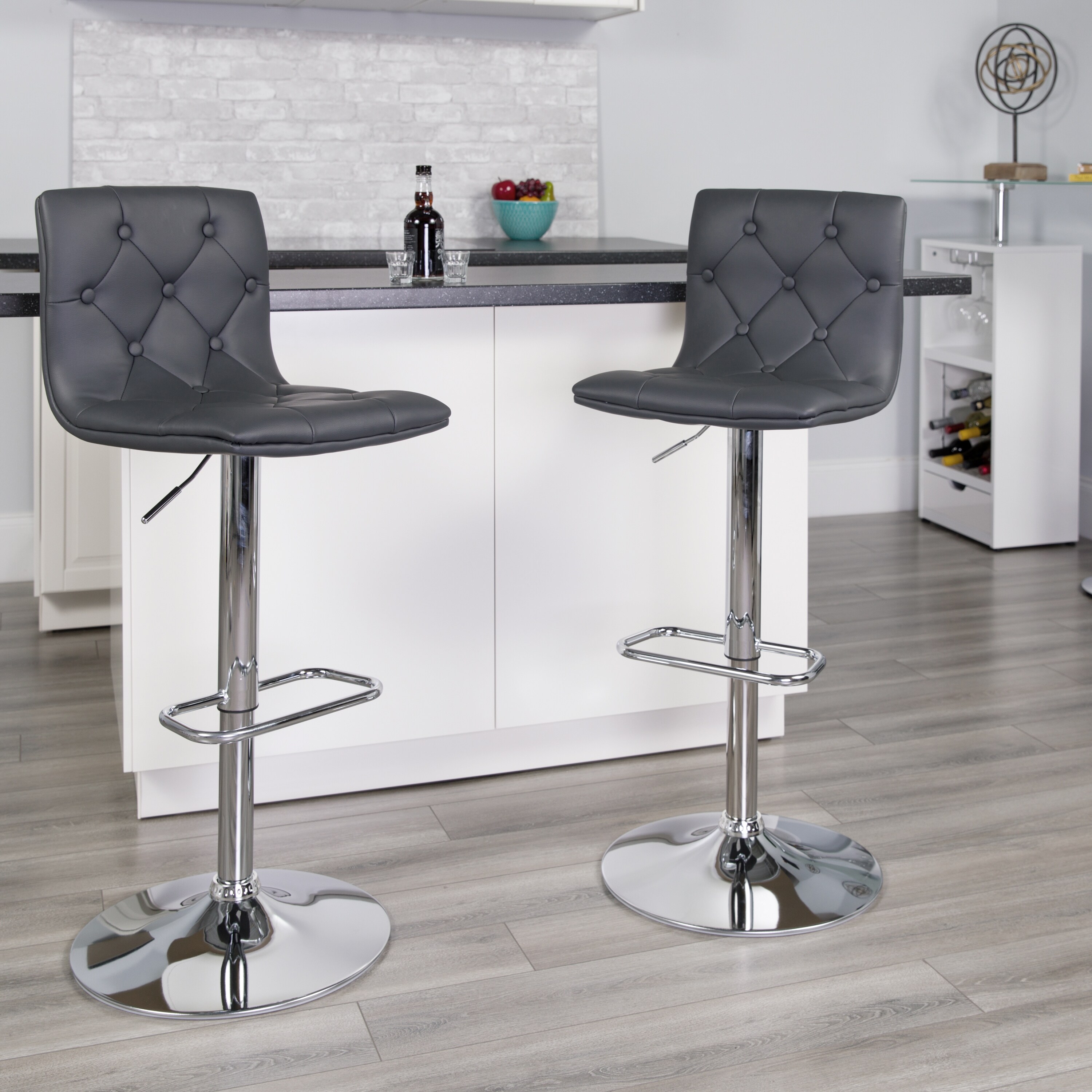 2 Pack Contemporary Button Tufted Adjustable Height Barstool with Chrome Base - 15