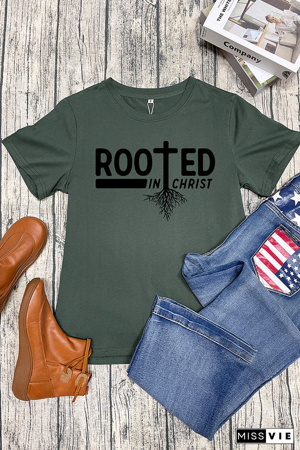 Rooted In Christ Printed Graphic Tees for Women Wholesale Short Sleeve T shirts Top