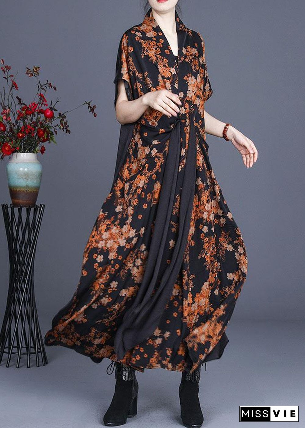 Natural Black Print Patchwork Silk Summer Maxi Dress