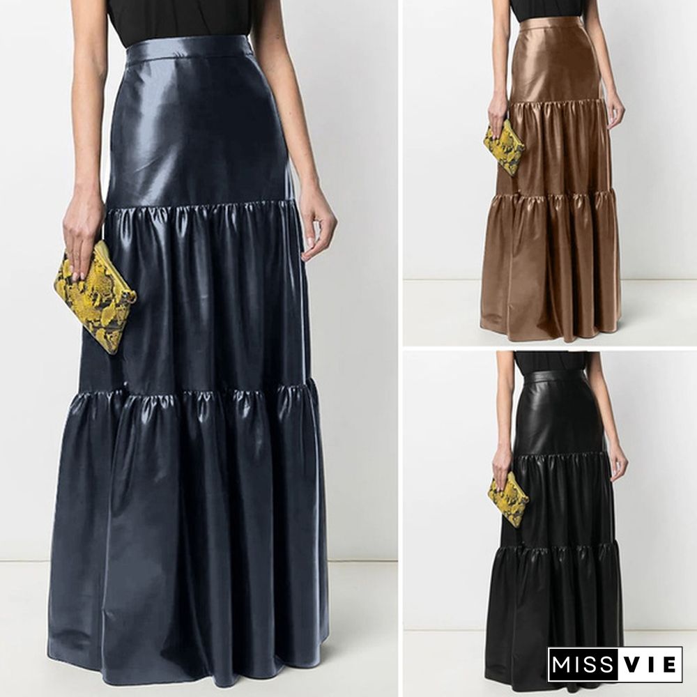 Plus Size Womens Leather Long Skirt Dress High Waist Party Casual Pleated Umbrella Maxi Skirt Saias S-5Xl