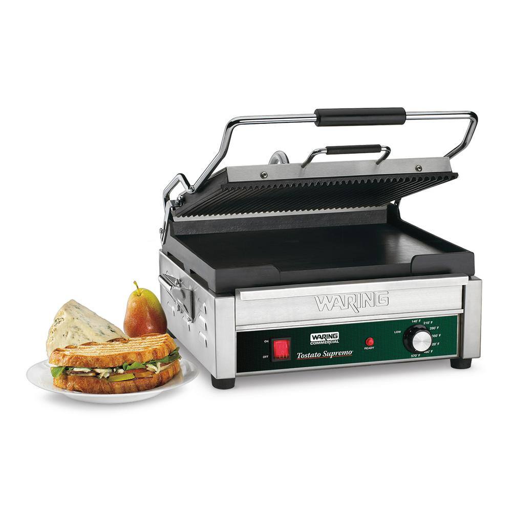 Waring Commercial Dual Panini Grill - Ribbed Top Plate Flat Bottom Plate Silver 120-Volt 14.5 in. x 11 in. Cooking Surface WDG250