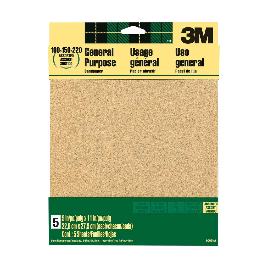 3M™ Aluminum Oxide Sandpaper Assorted Grit， 9005NA， 9 in x 11 in， 10 packs of 5