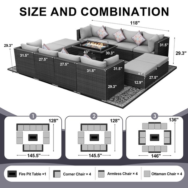 Nicesoul Outdoor Grey Wicker Sectional Furniture Patio Sofa Set with Firepit Table