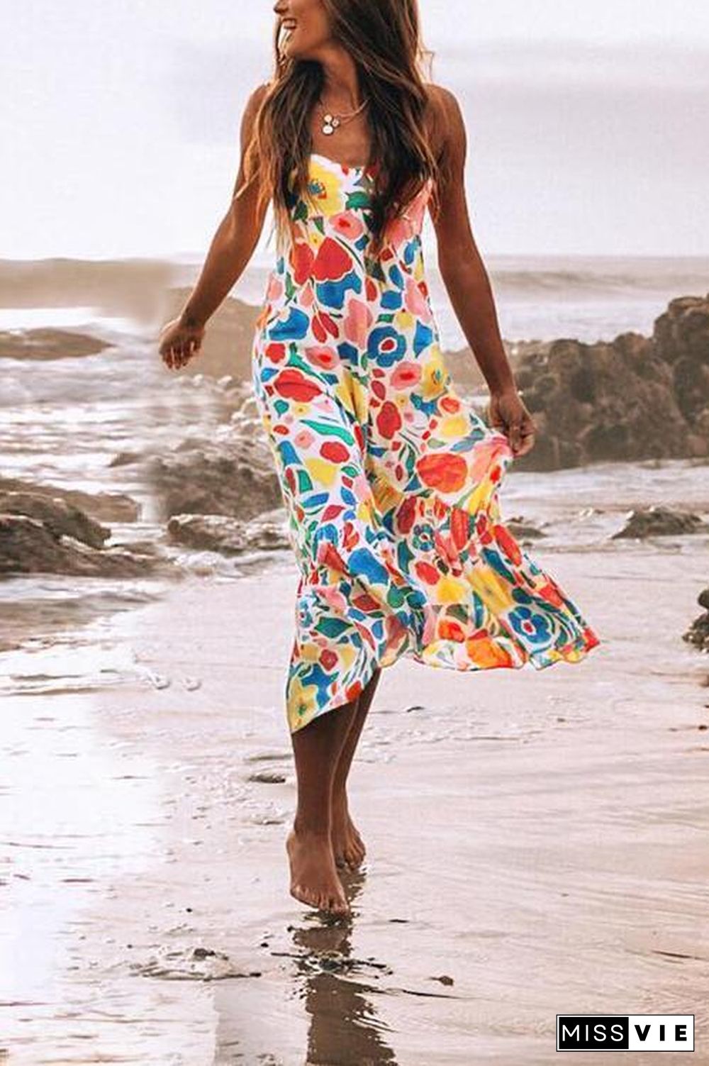 Floral Printed Backless Mid Calf Dress With Pocket