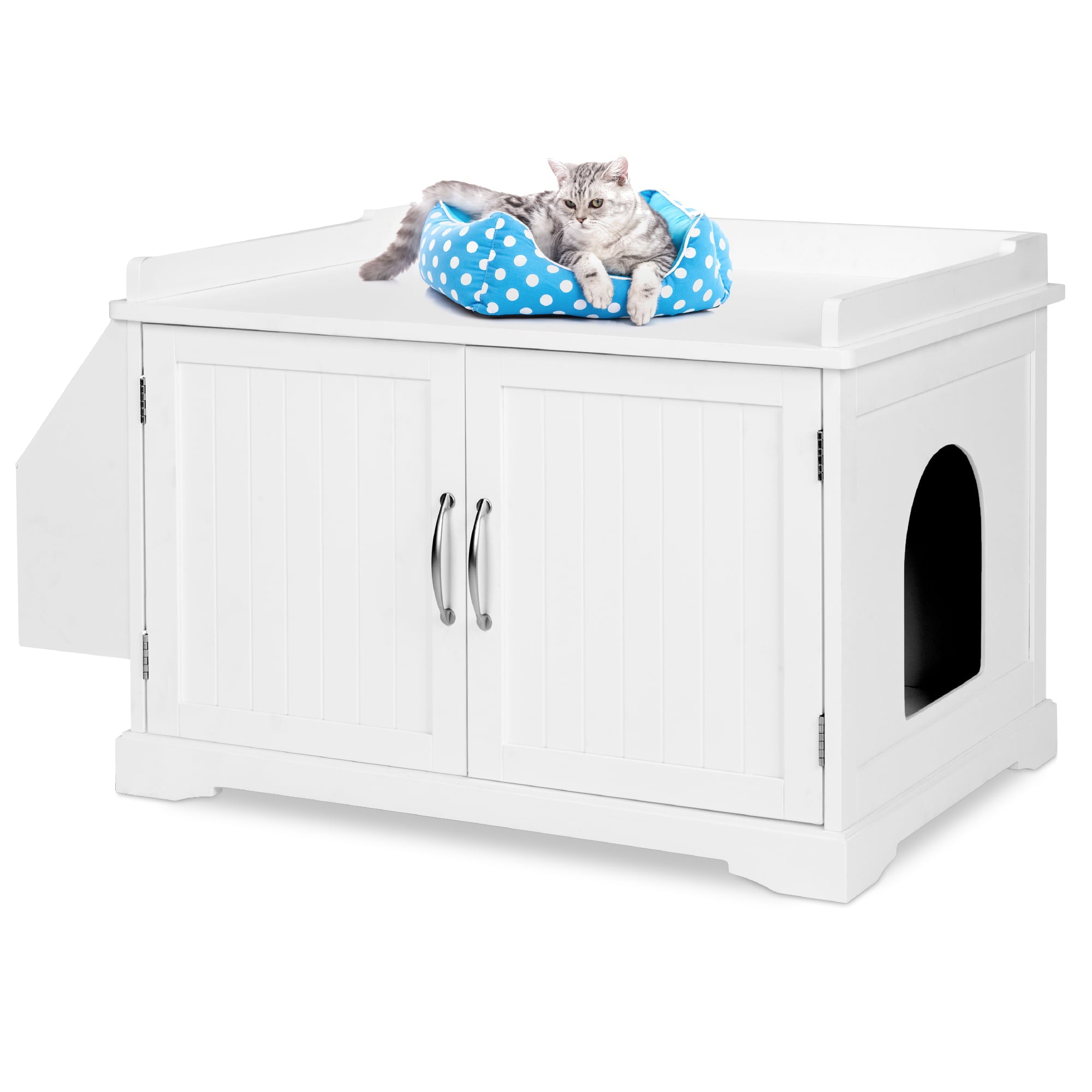 Best Choice Products Large Wooden Cat Litter Box Enclosure， Storage Cabinet Bench Table w/ Magazine Rack - White