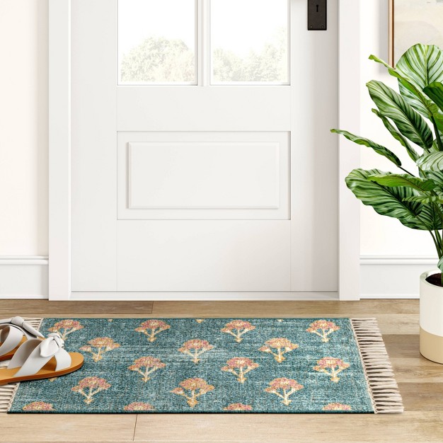 Floral Block Printed Blue Rug Blue