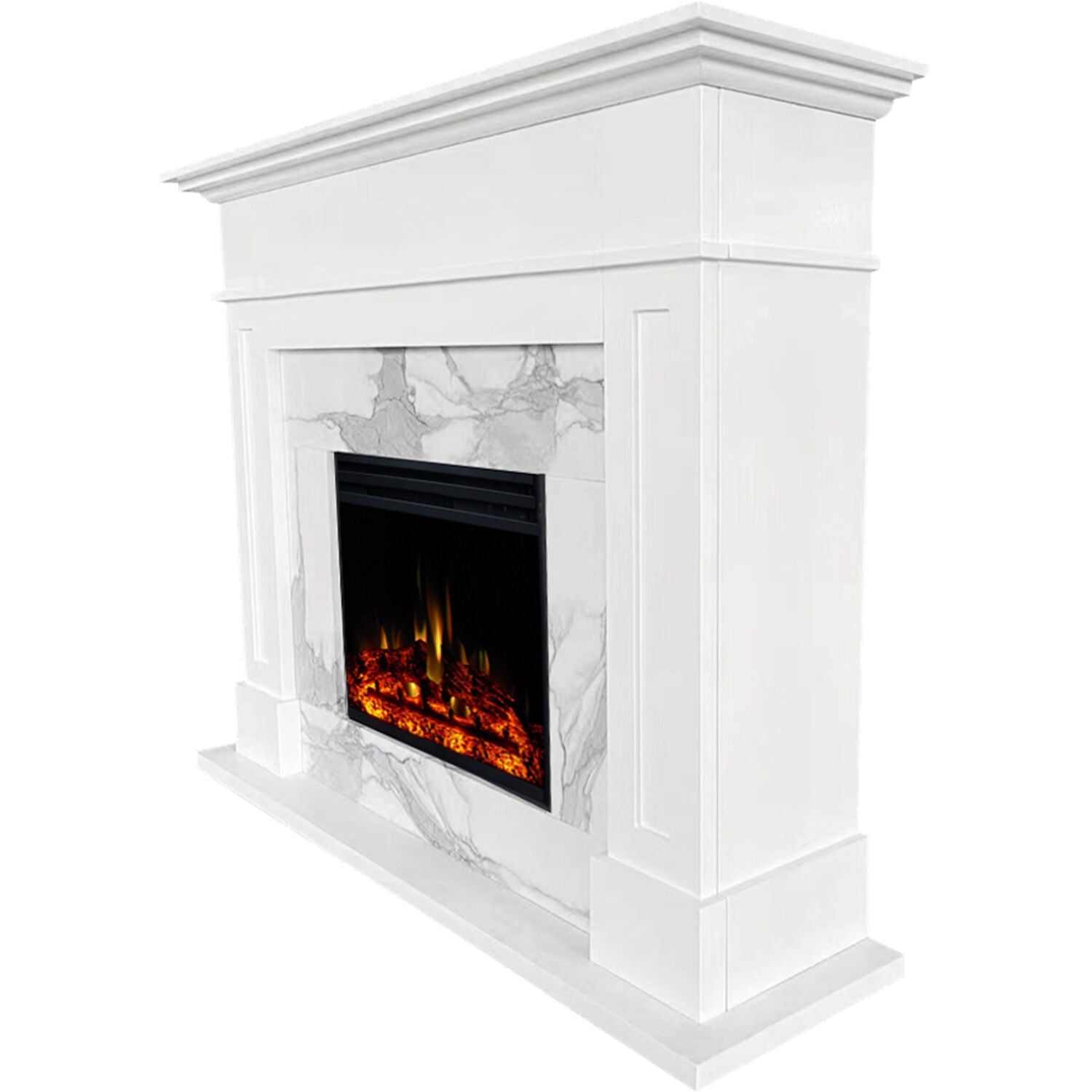 Sofia Cambridge 57-In. Modern Electric Fireplace Mantel with LED Multi-Color Faux Charred Log Display Insert | White Faux Marble | Heating for Living Room, Dining Room, Bedrooms up to 210 Sq.Ft.