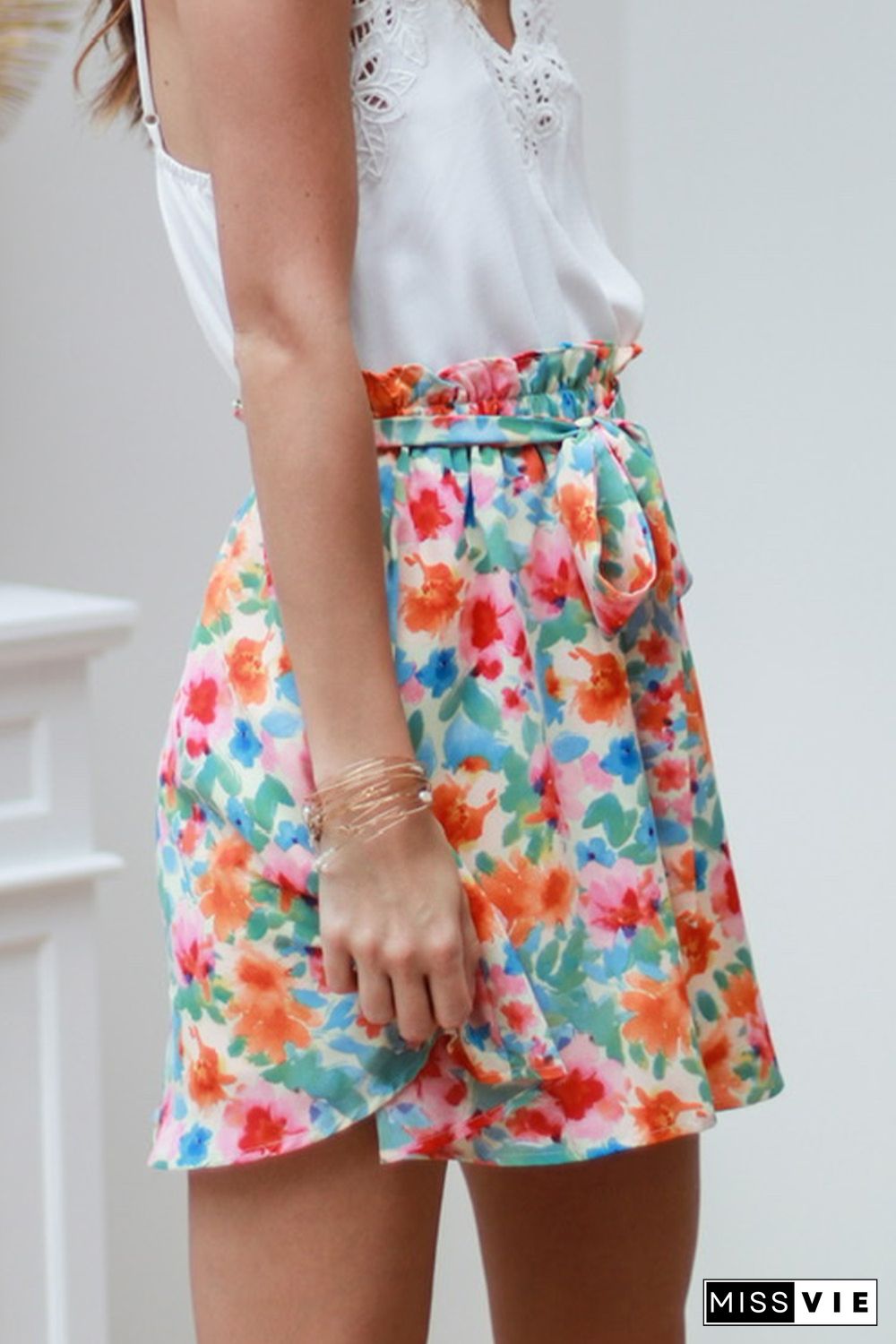 Green Floral Print Waist Tie Mini Skirt