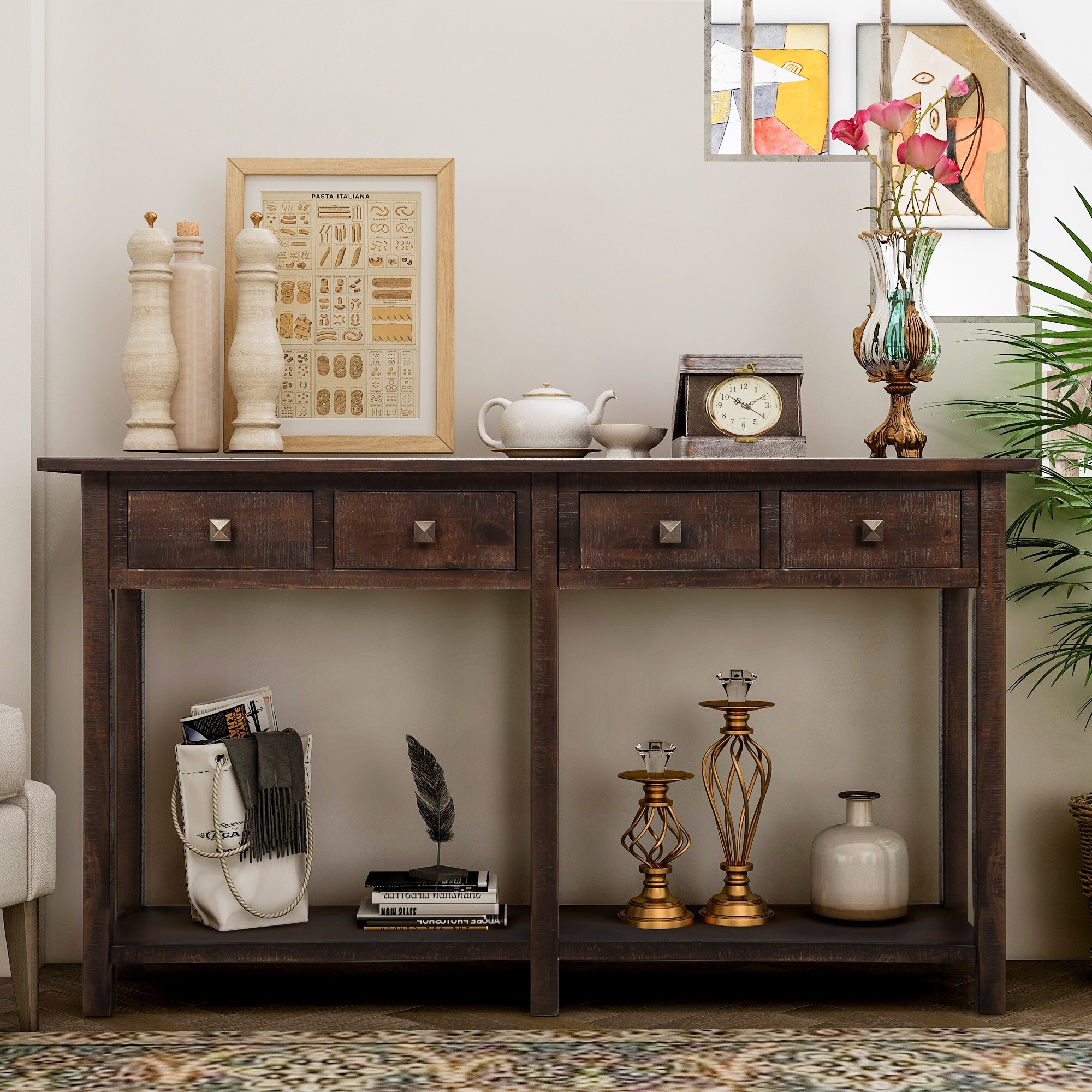 Rustic Brushed Texture Console Table with 4 Drawers and a Open Bottom Shelf， Classic Wood Entryway Table for Living Room， Entryway