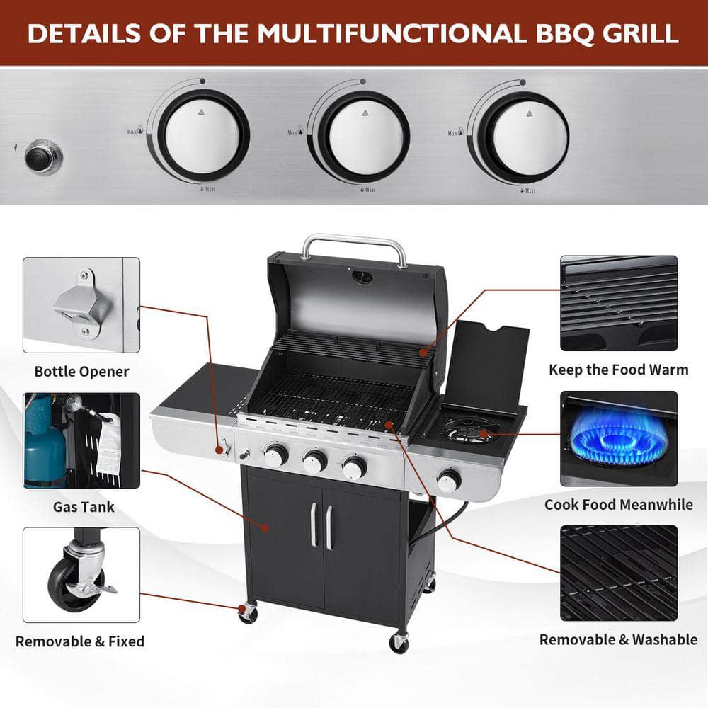 MELLCOM 4Burner BBQ Propane Gas Grill 24000 Stainless Steel Patio Garden Barbecue Grill in Black