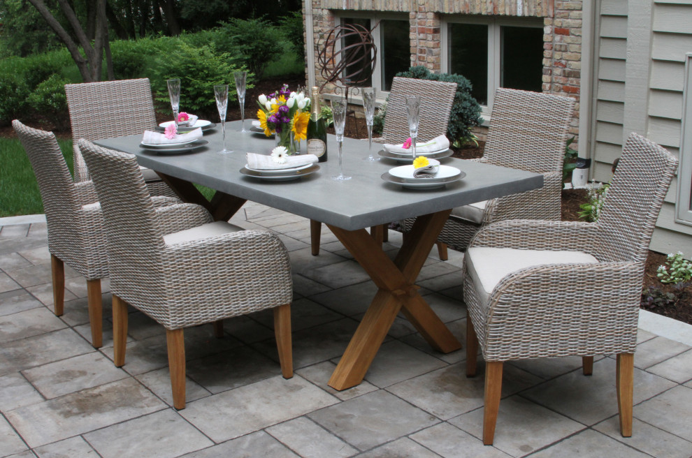 Teak and Ash Wicker Dining Armchairs With Sunbrella  Set of 2   Tropical   Outdoor Dining Chairs   by Outdoor Interiors  Houzz