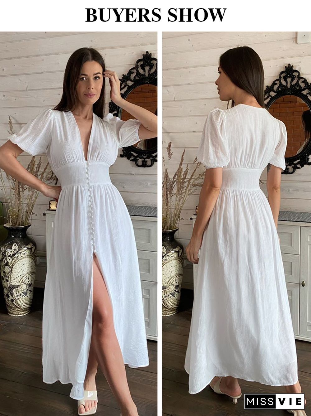 Clacive White Sexy Single-Breasted Women'S Dress Elegant Short Sleeve V-Neck Party Dresses Lady Casual Slim Midi Dress