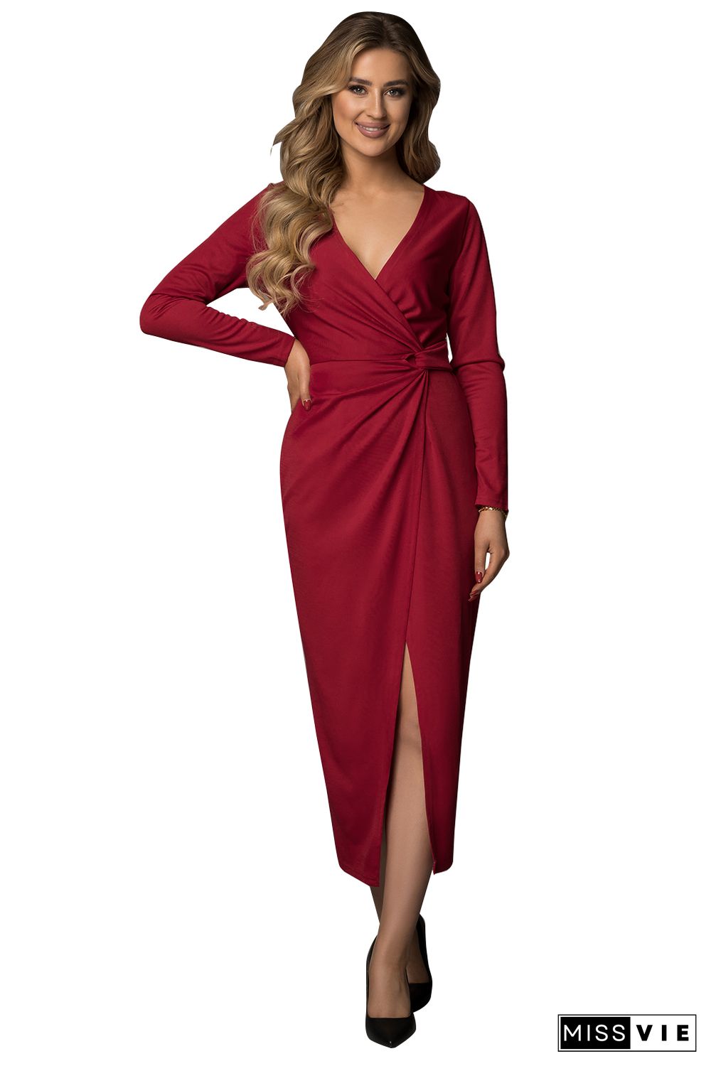 Wine Red Long Sleeve V Neck Twist Front Slit Long Dress