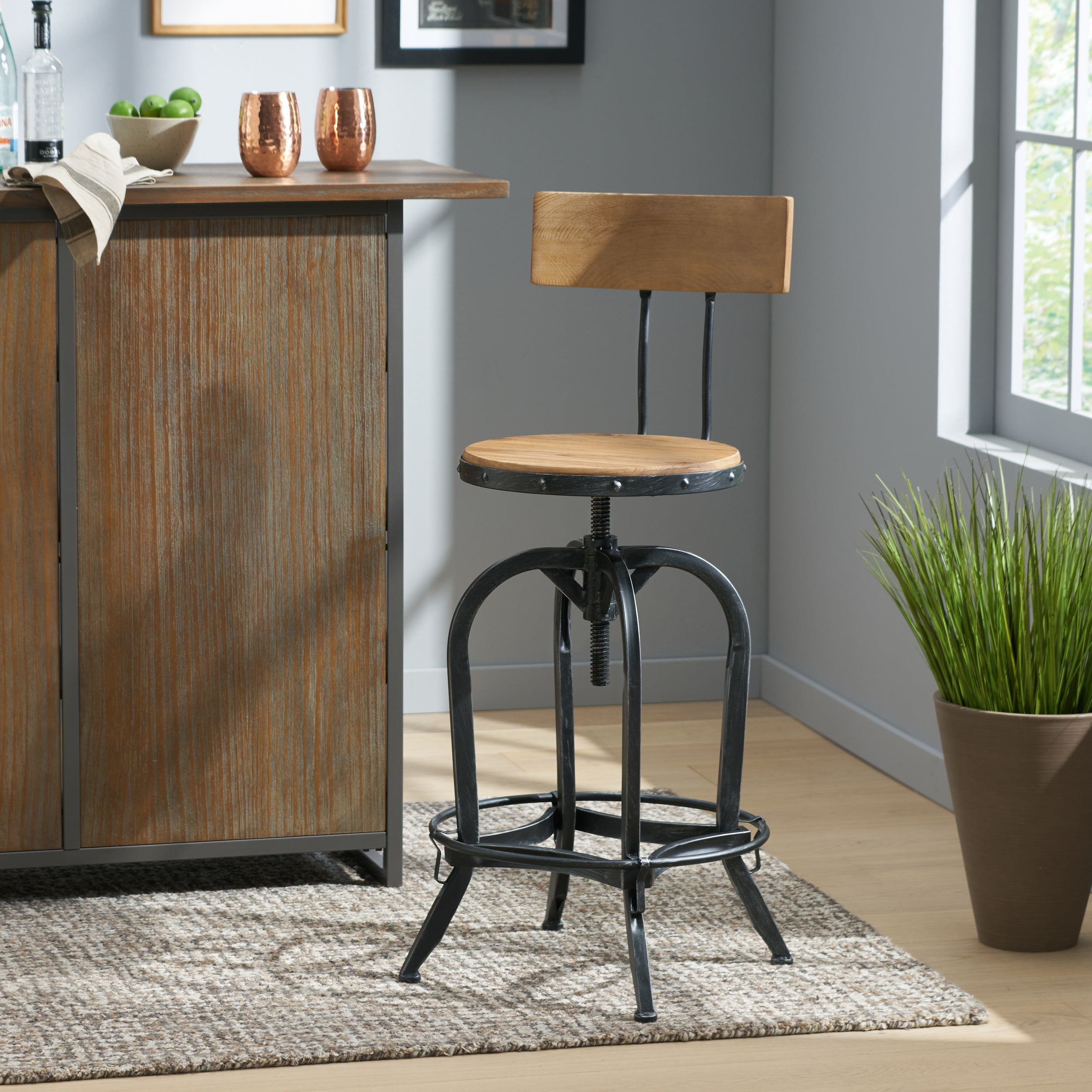 Hartley Naturally Antique Fir Wood Adjustable Barstool With Backrest