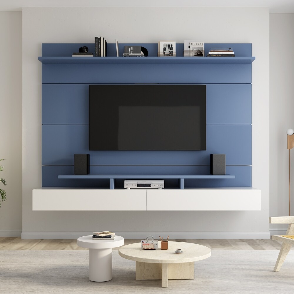 Wall Mounted Floating 80'' Relief TV Stand  Modern Entertainment Center with 2 Drop Down Doors and Multi Purpose Cabinet