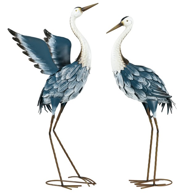 amp 27 5 quot Standing Bird Sculptures Metal Yard Art Decor Landscape Decoration Set Of 2 Blue amp White