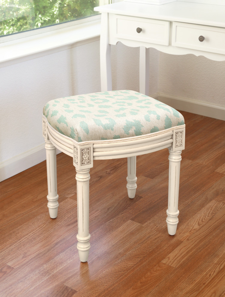 Cheetah Aqua  Print Linen Upholstered Vanity Stool   French Country   Vanity Stools And Benches   by 123 Creations  Houzz