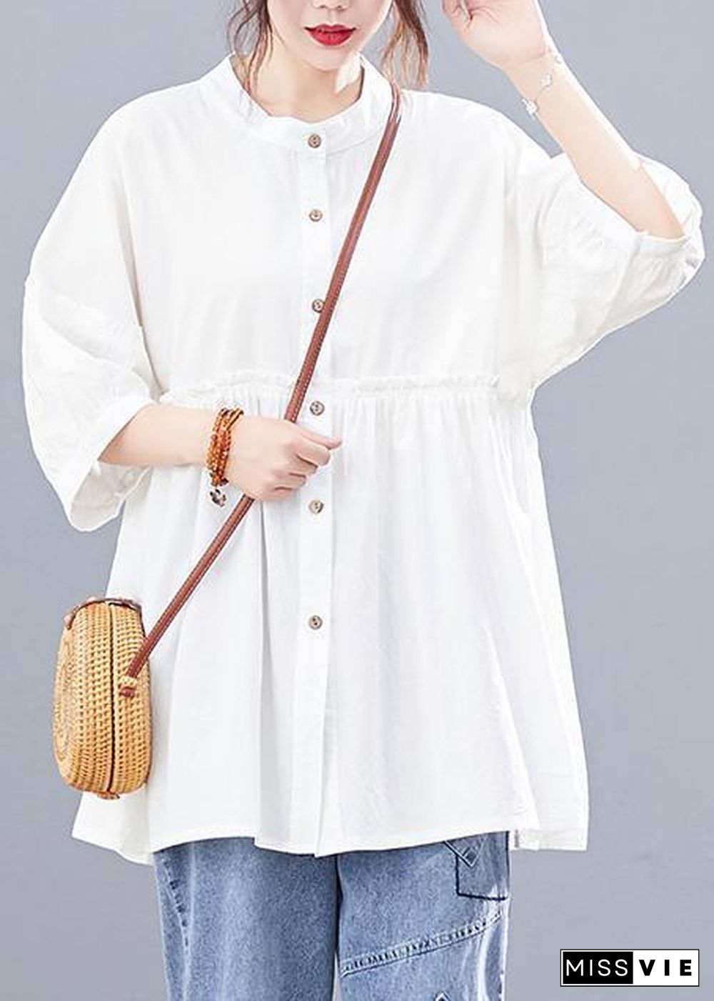 DIY stand collar cotton summerblouses for women Photography white tops