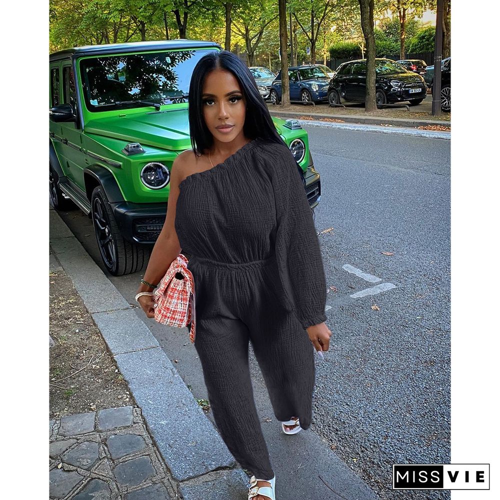 One Shoulder Long Sleeve Loose Wide Leg Jumpsuit