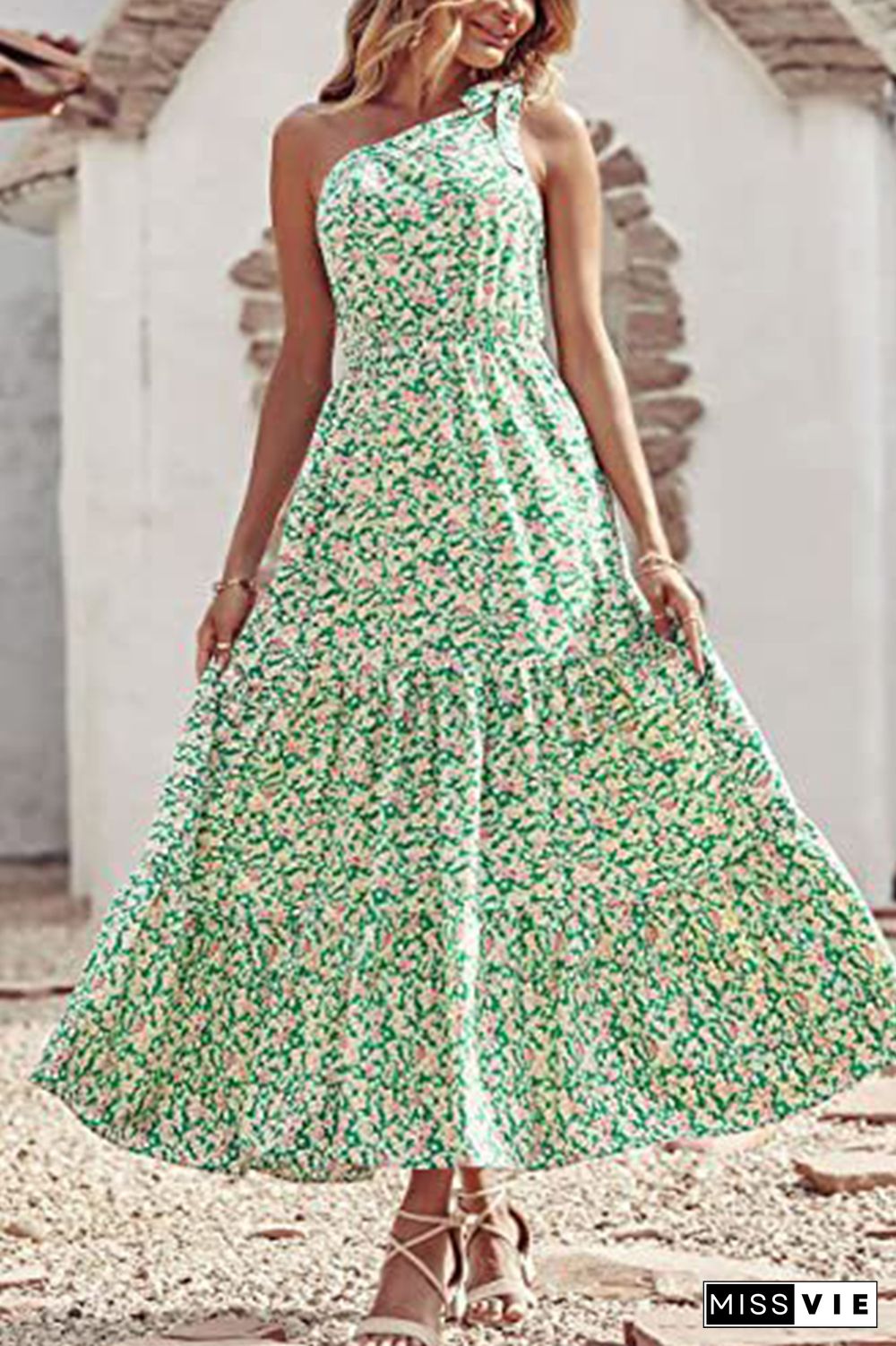 Floral Print One Shoulder High Waist Dress Wholesale