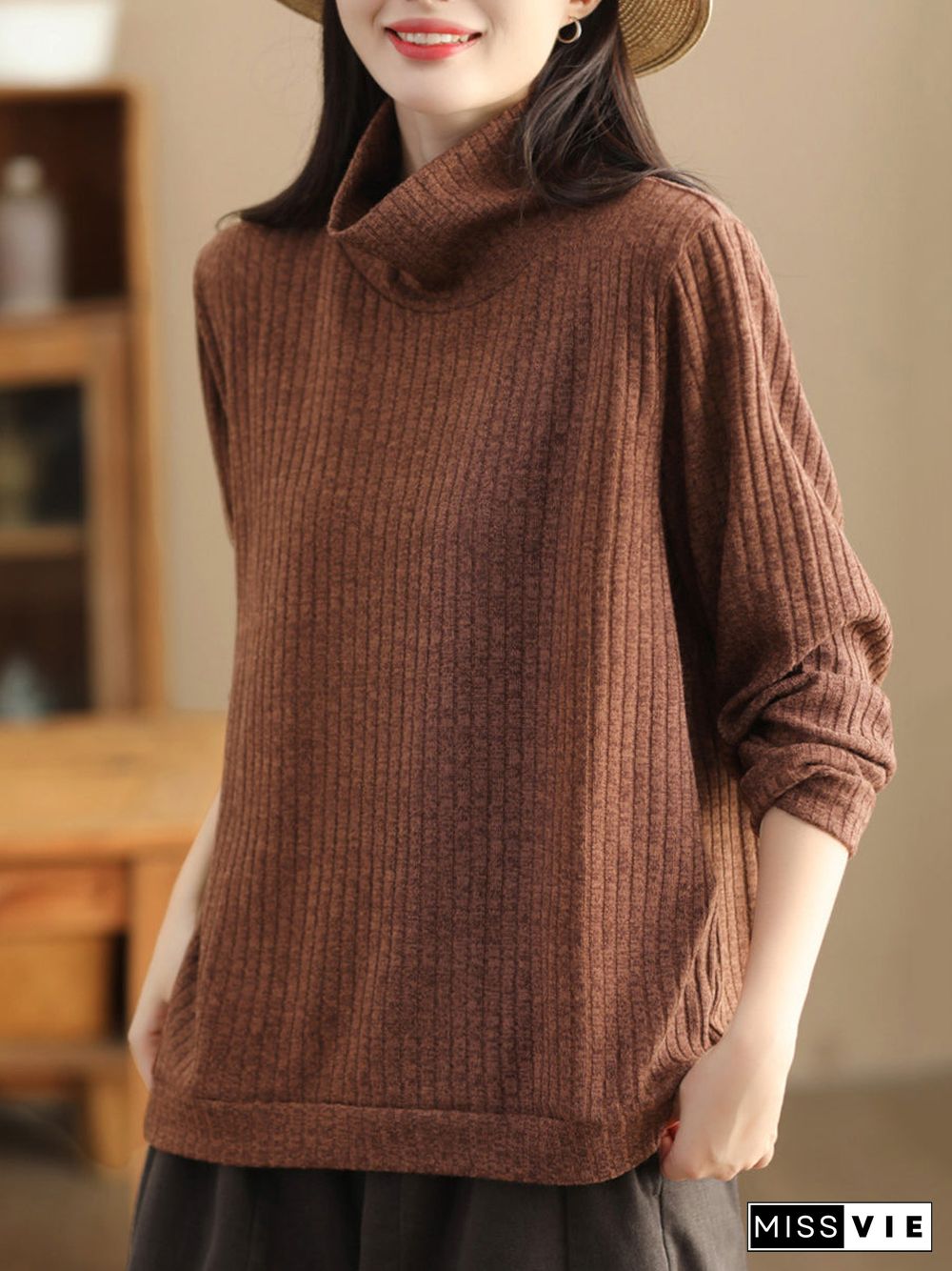 Plus Size Women Vintage Wool Solid Knitted Sweatshirt