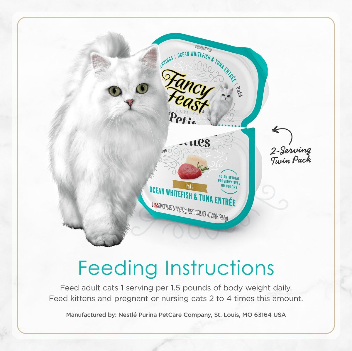 Purina Fancy Feast Gourmet Pate Wet Cat Food， Petites Ocean Whitefish and Tuna Entree， 2.8-oz tub， case of 12， 12 count