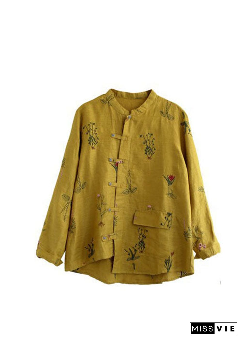 Vintage Yellow asymmetrical design Button Linen Blouses top Long Sleeve