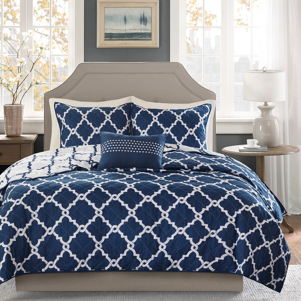 Madison Park Cole Navy 4 Piece Reversible Quilt Set with Throw Pillow