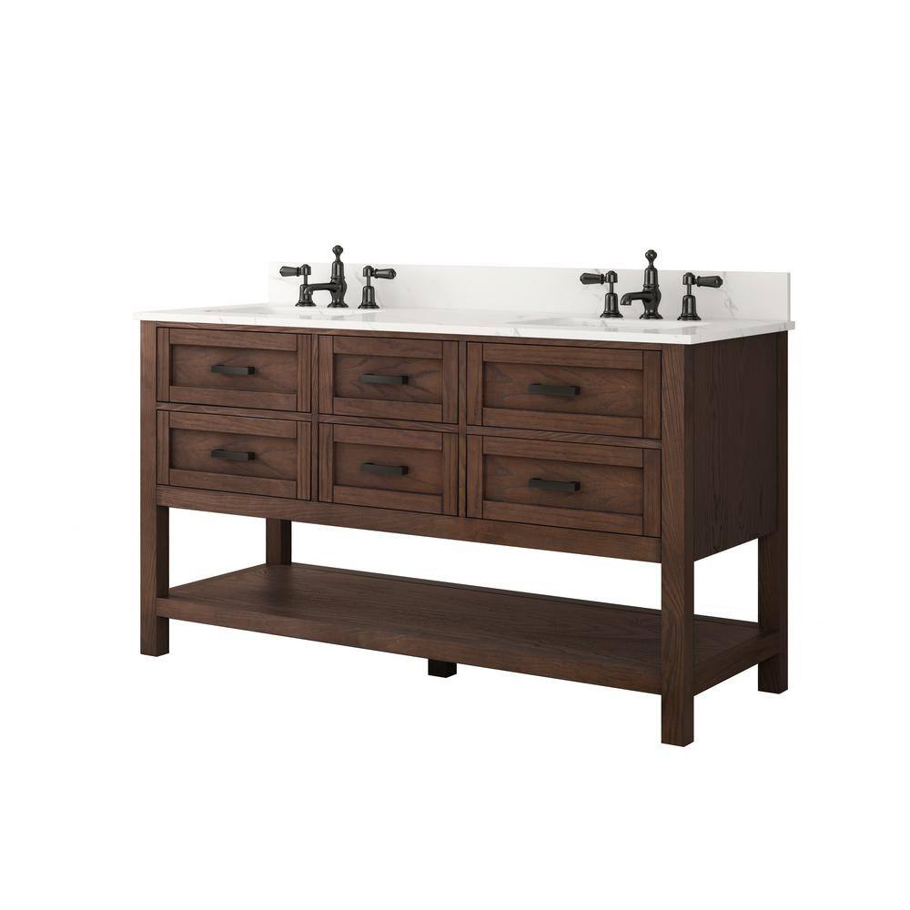 Home Decorators Collection Tolbrook 60in. W x 22 in. D x 34 12 in. H Vanity in Brown Oak with Engineered Carrara Marble Top and White Sinks TJ-0204V6022BR