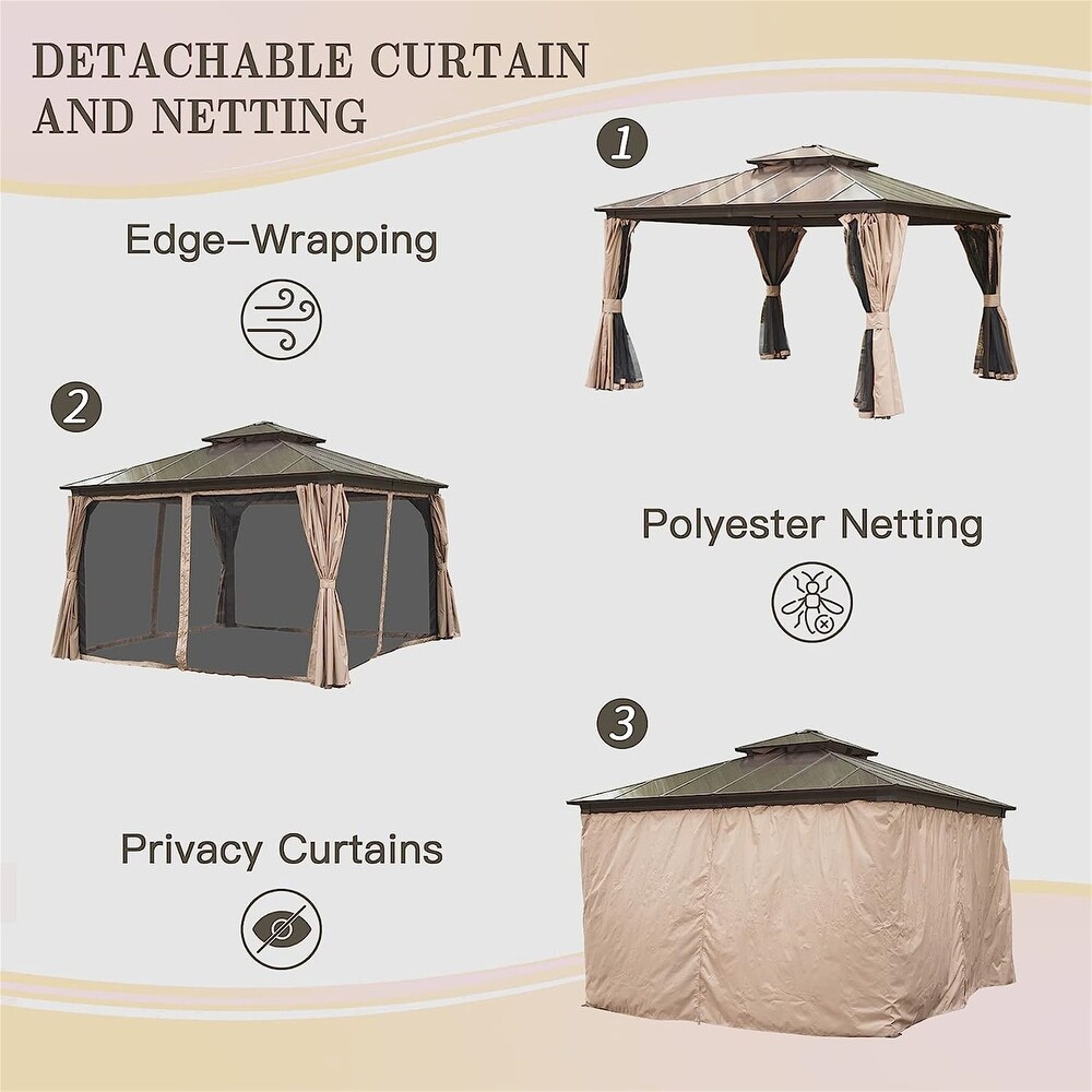 Brown 12 x 12 ft Hardtop Gazebo with Ventilated Polycarbonate Double Roof  Sturdy Aluminum Frame