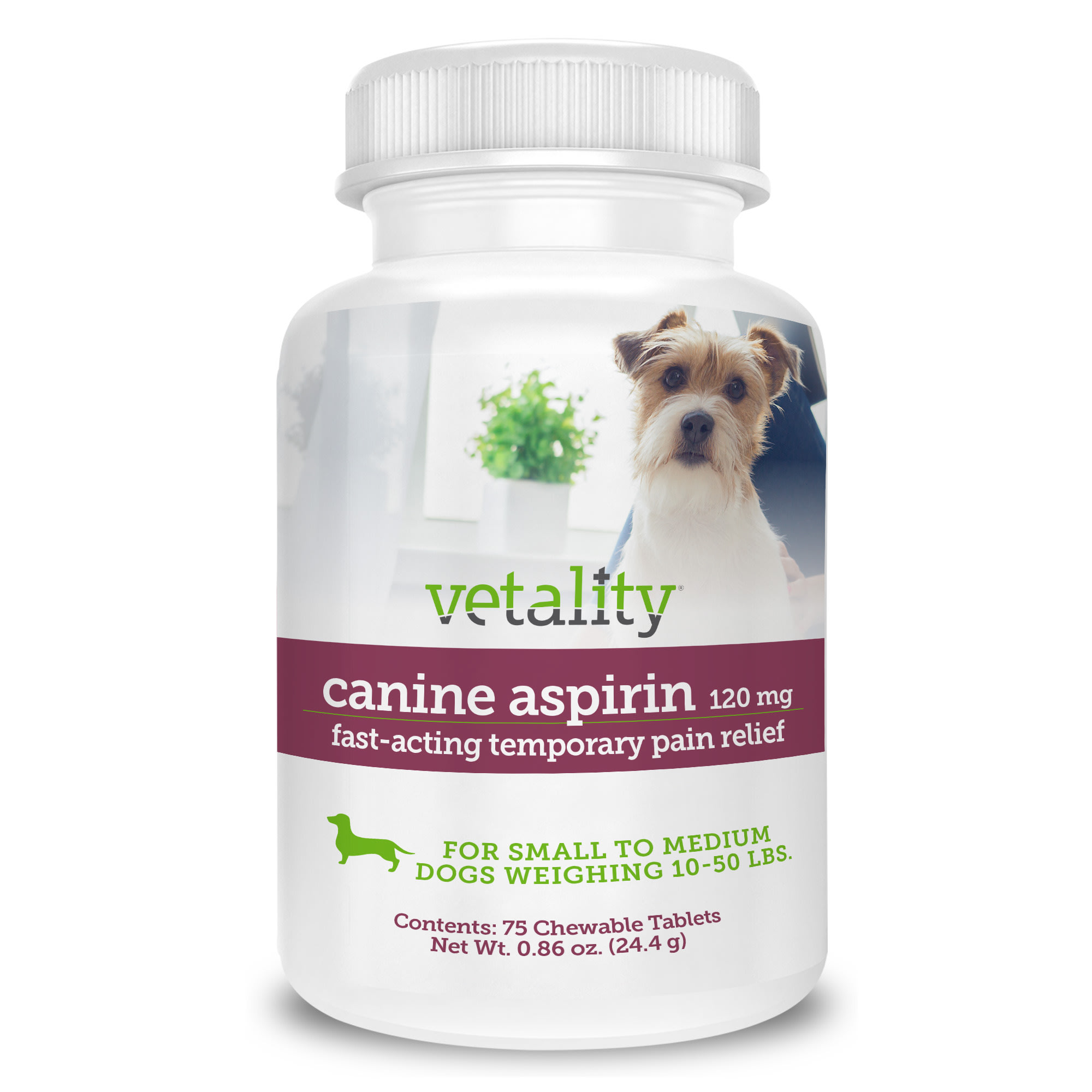 Vetality Canine Aspirin 120MG for Small to Medium Dogs Upto 10-50 lbs.， Count of 75