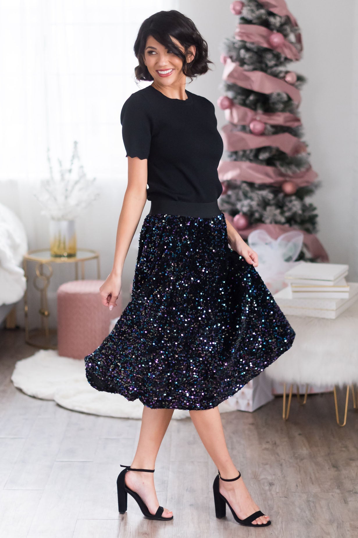 Twirling Into The New Year Modest Sequin Skirt