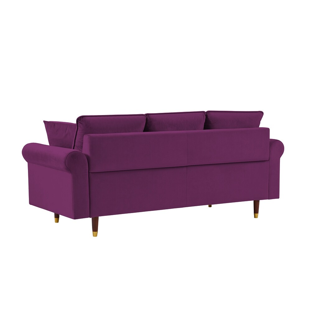 Velvet Sofa Couch with 2 Pillows  Modern 3 Seater Sofa With Wood Legs for Living Room and Bedroom .