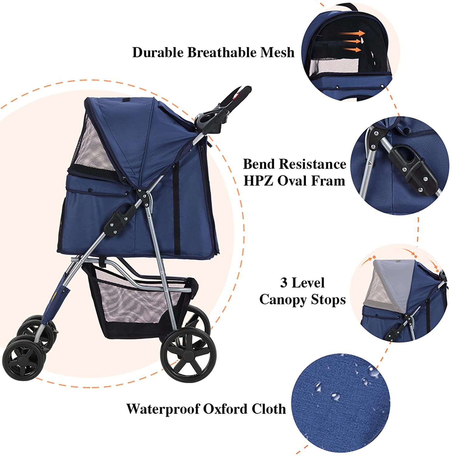 Msmask Foldable Pet Stroller 4 Wheel Cat Dog Travel Carrier with Storage Basket，Dark Blue