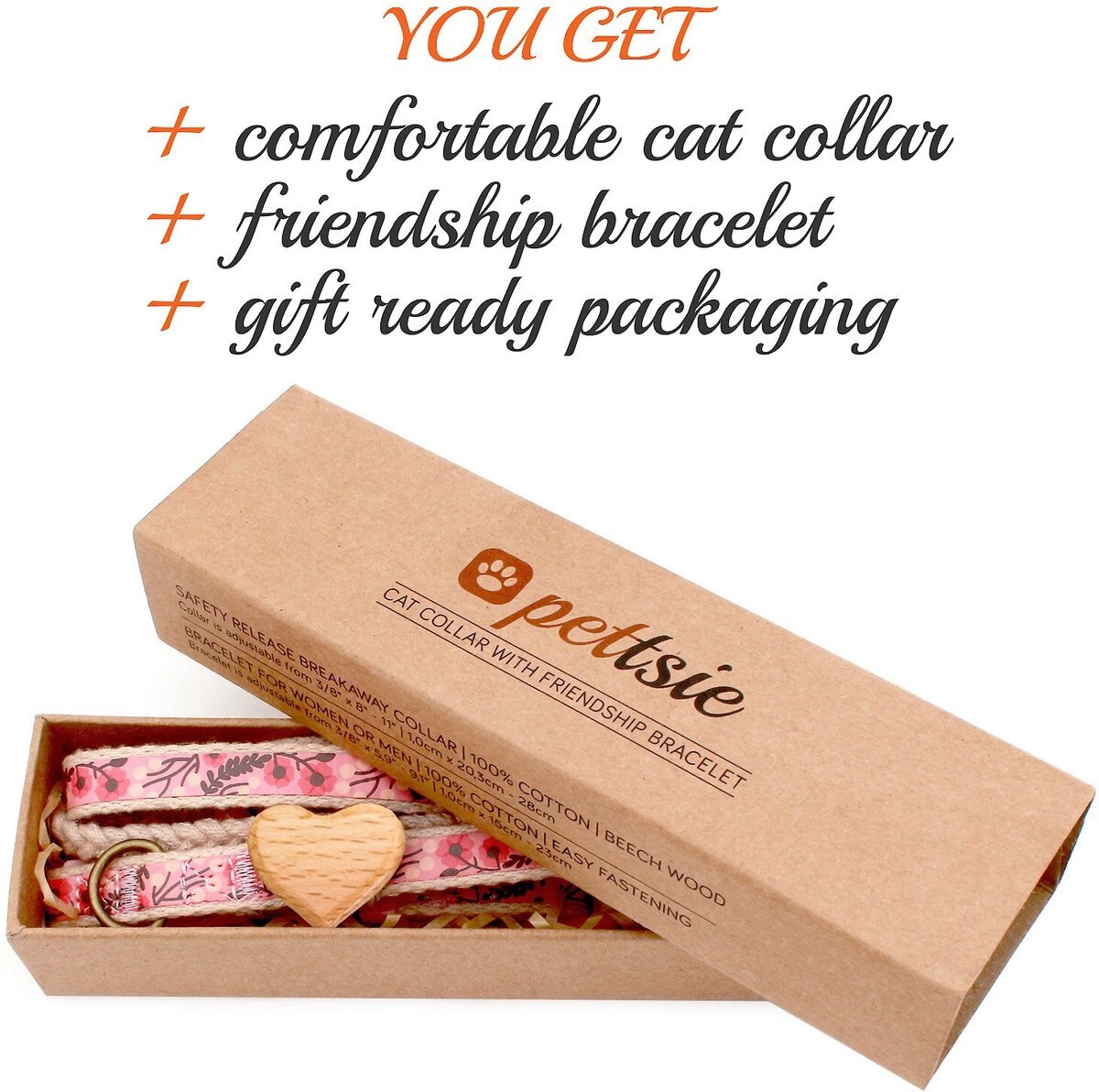 Pettsie Heart Cotton Breakaway Cat Collar with Friendship Bracelet