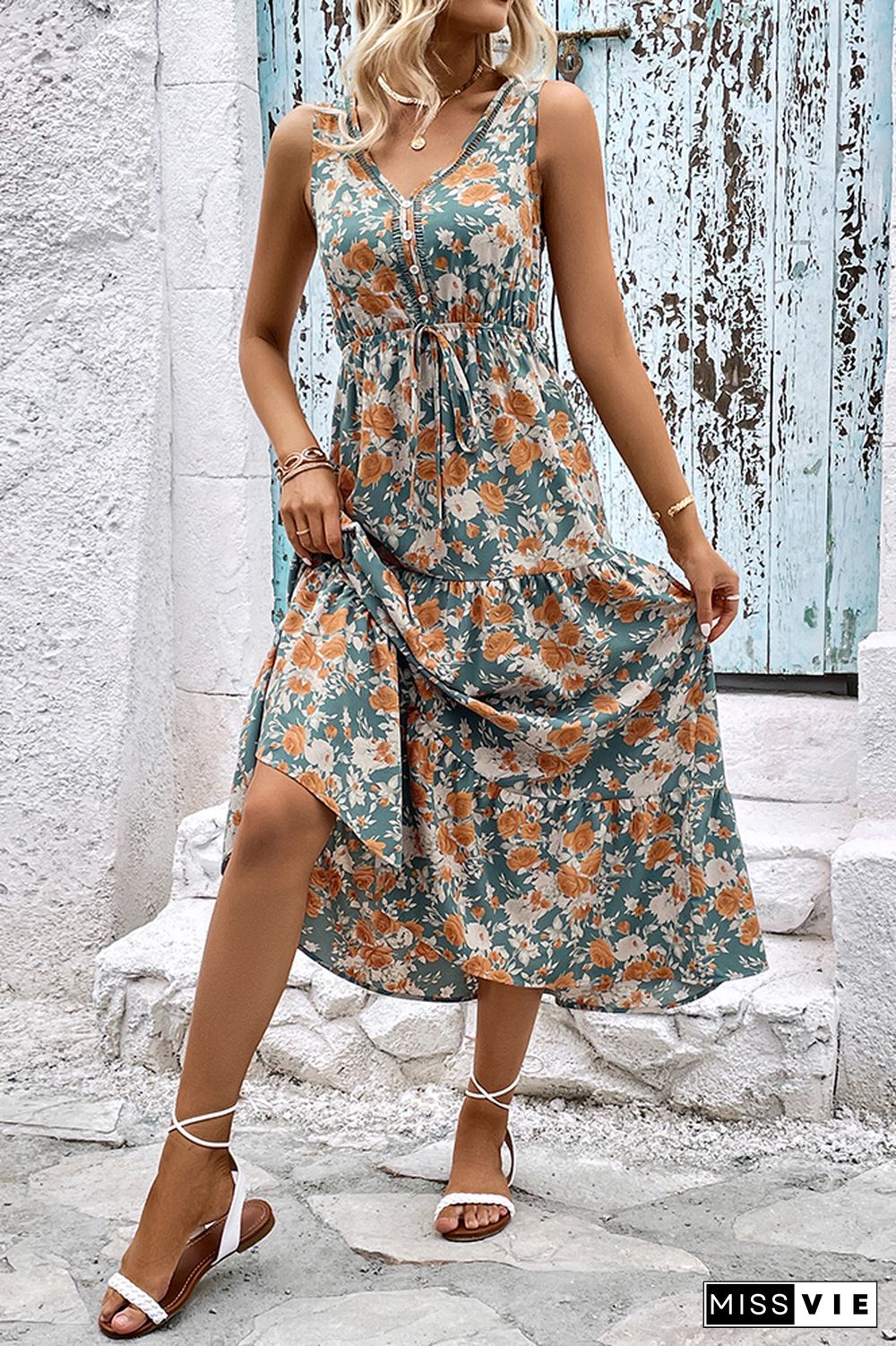 V Neck Buttoned Drawstring Floral Maxi Dress