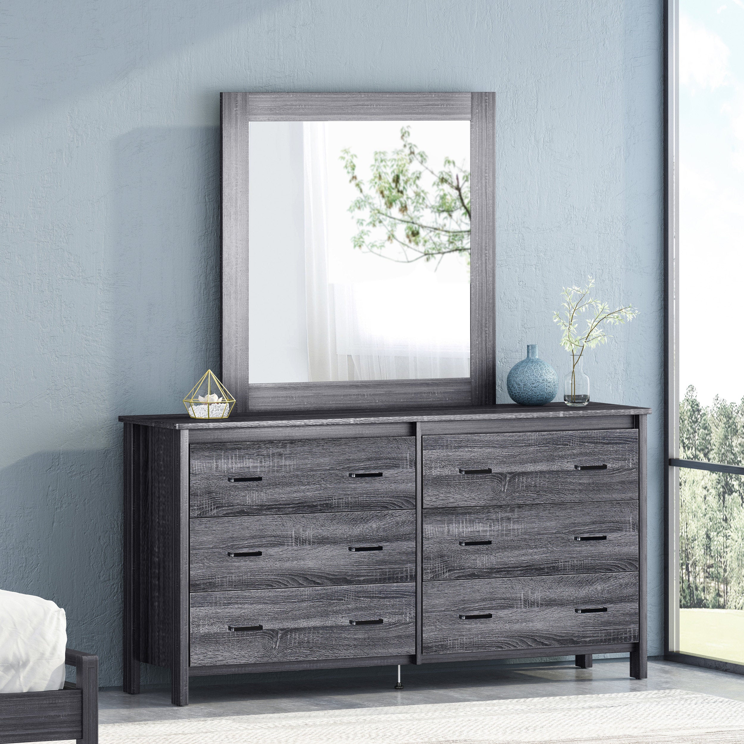 Titeca Contemporary 6 Drawer Vanity Dresser with Square Mirror