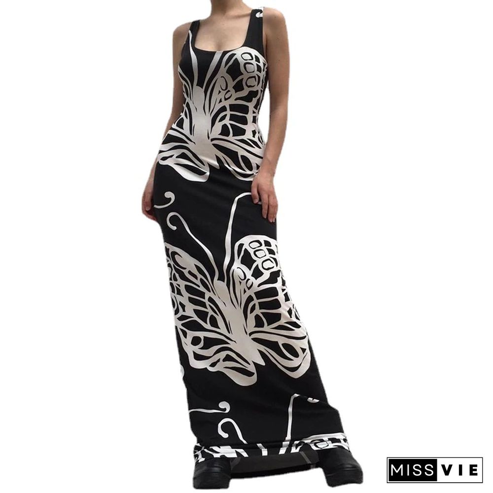 Aesthetic Butterfly Print Dress Y2k Aesthetic Women Sleeveless Long Dresses Grunge Fairycore Dress Party Clubwear