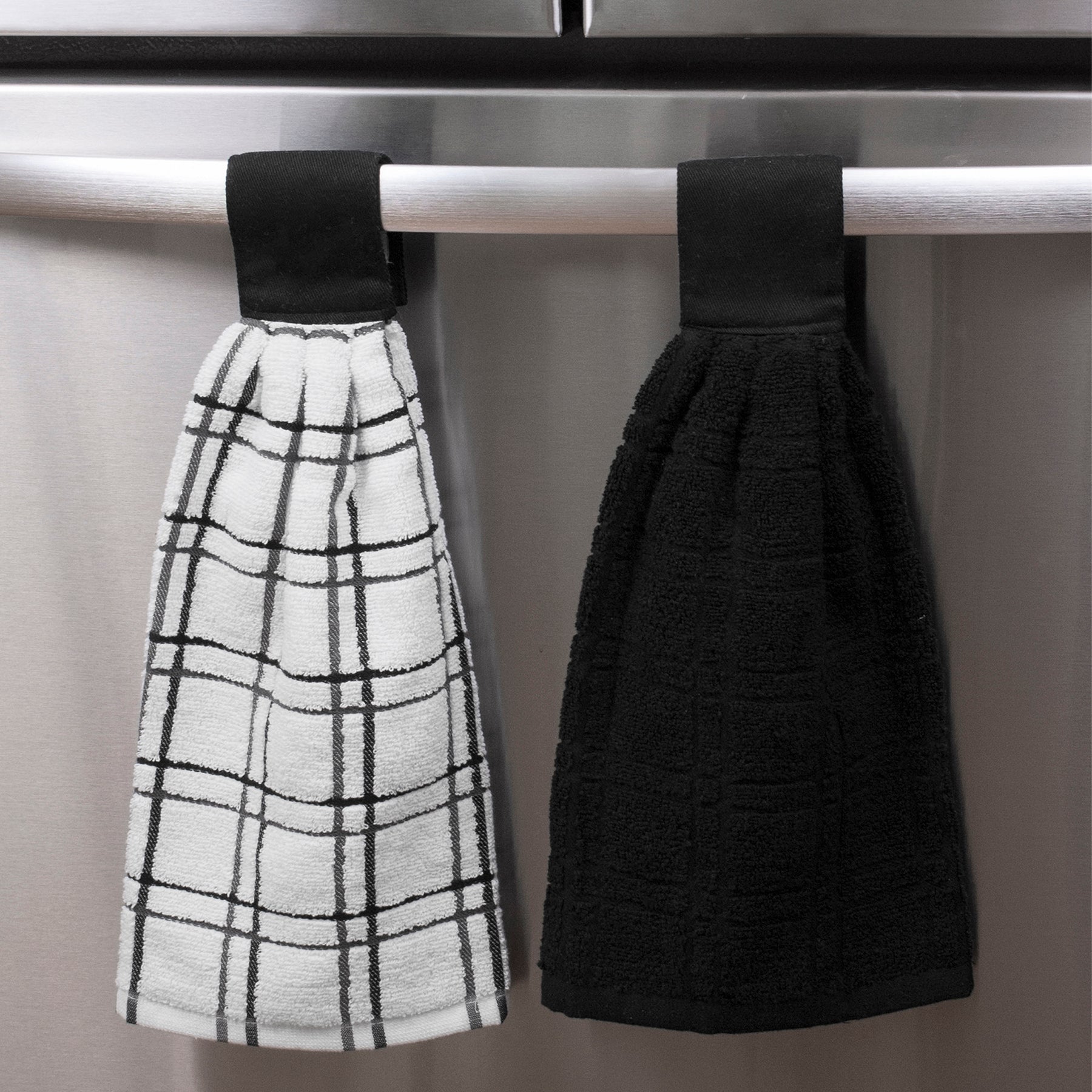 Ritz Solid and Multi Check Kitchen Tie Towel Set， 96014 - Black - Machine Washable - 8.8 x 17 - 2 Pack