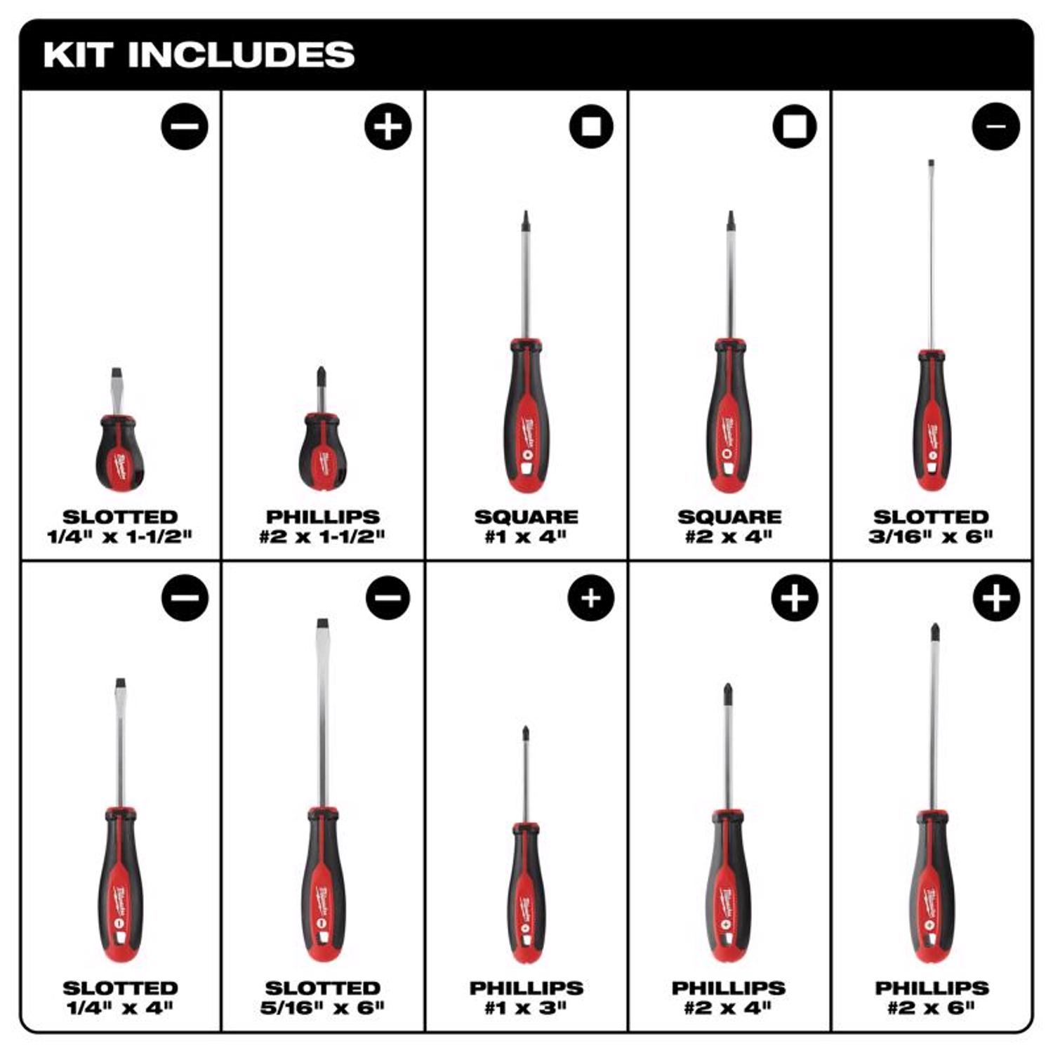 MW 3 to 8 in. L Phillips/Slotted Screwdriver Set 10 pc