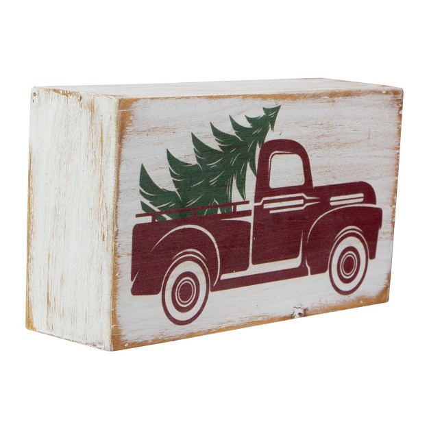 White Wooden Christmas Sign With Vintage Red Truck And Tree