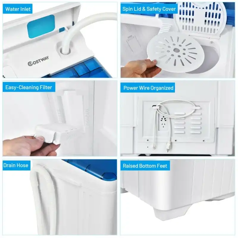 26lbs Portable Semi-automatic Washing Machine with Built-in Drain Pump Twin Tub Washer Spinner Combo